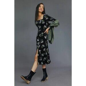 NWT Anthropologie Hutch Black Floral Long Sleeve Velvet Midi Dress w/Stretch- XL